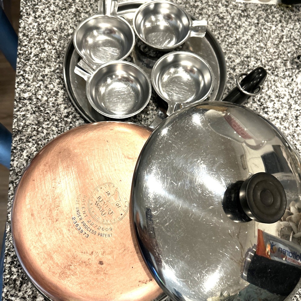 Vintage 1801 Double Circle Revere Ware 4 Cup Egg Poacher Pan 8" Skillet & Lid